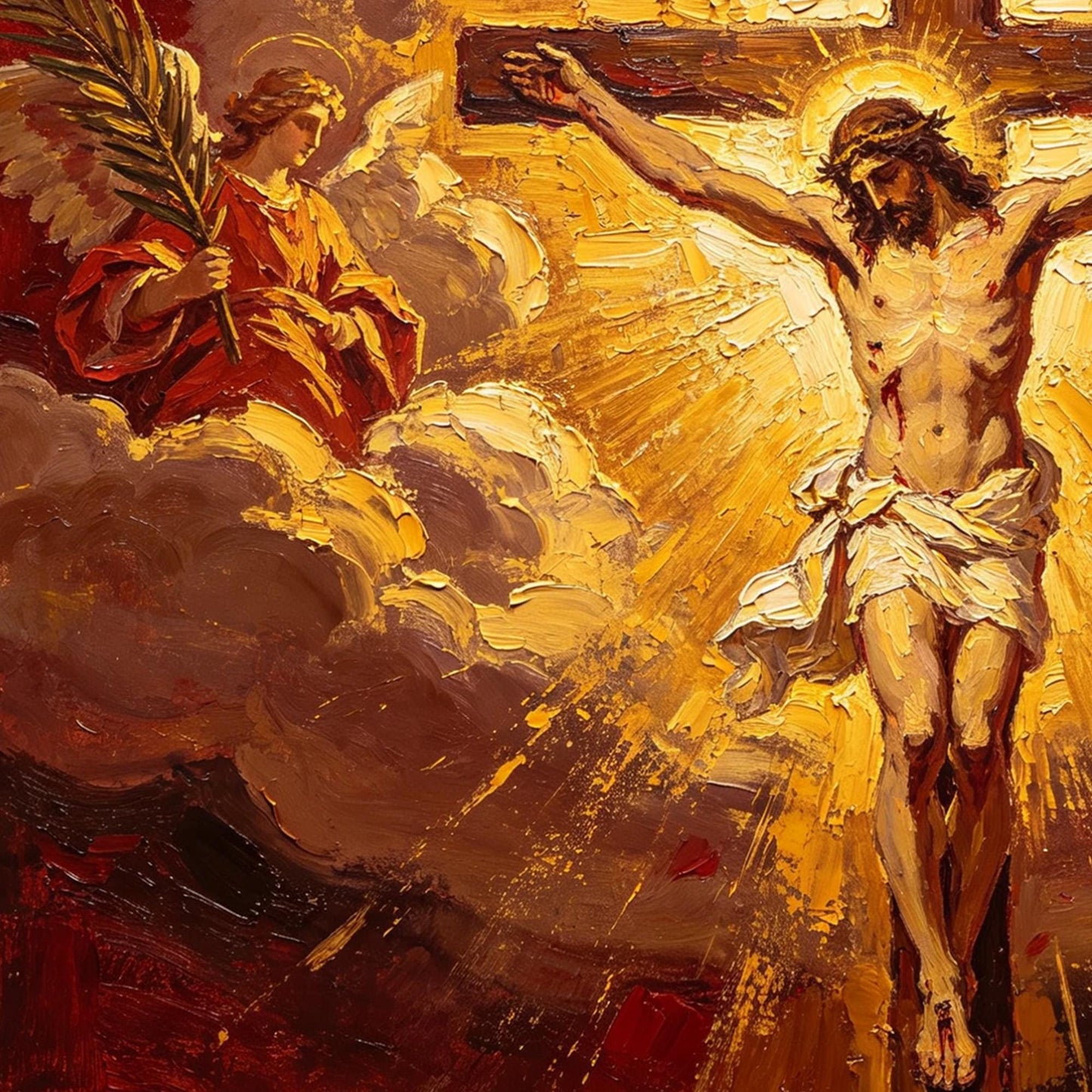 Jesus Cross Angels Canvas - Sacred Religious Art - Handmade Oil Acrylic - Church Chapel Devotional Gift – Gold and Red Abstra