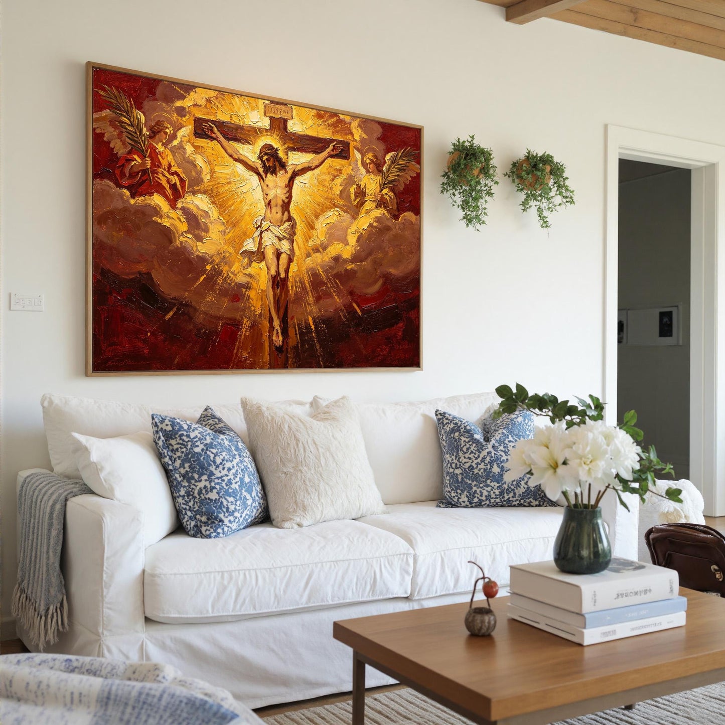 Jesus Cross Angels Canvas - Sacred Religious Art - Handmade Oil Acrylic - Church Chapel Devotional Gift – Gold and Red Abstra