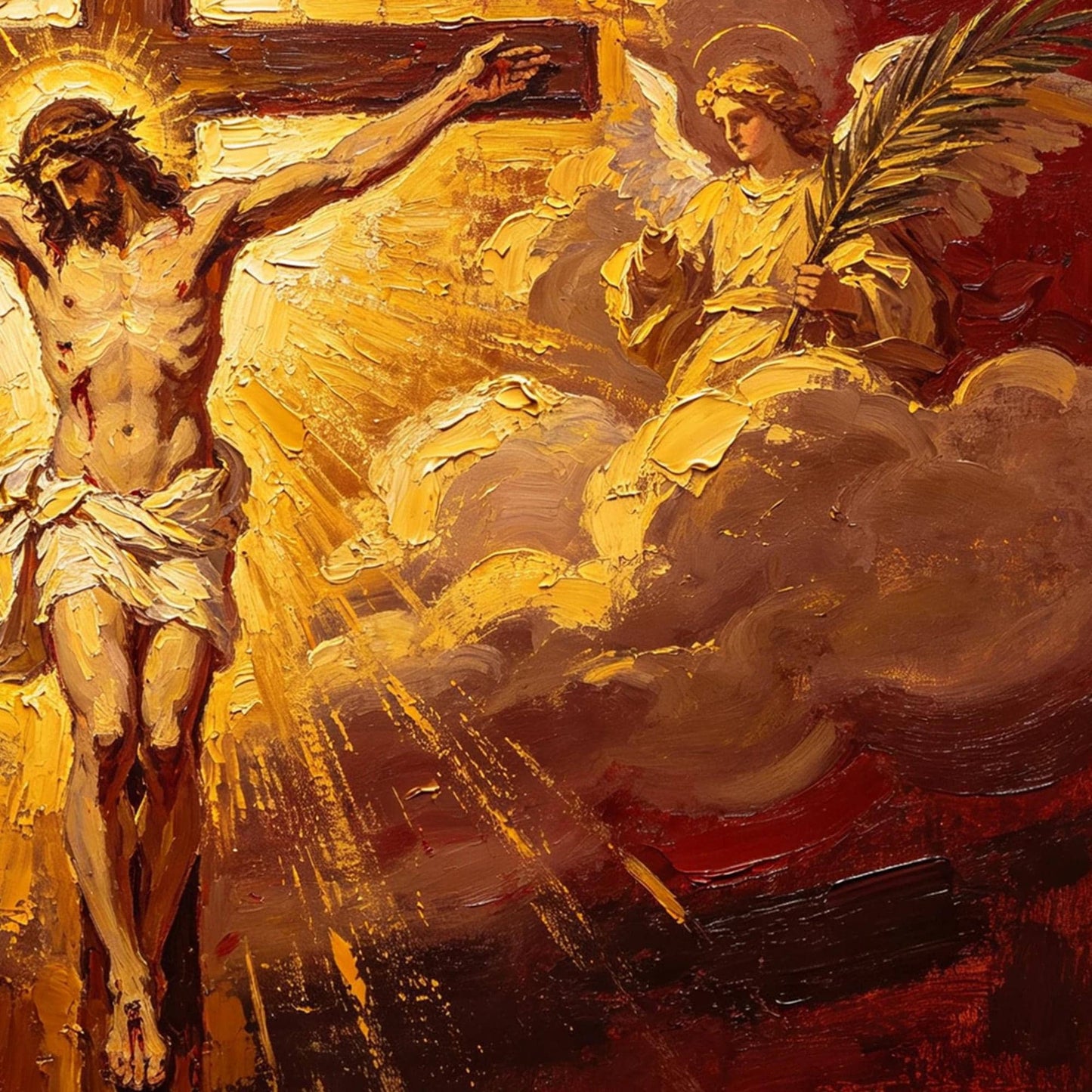 Gold and Red Expressionist Abstract – Jesus Cross Angels Canvas - Sacred Religious Art - Handmade Oil Acrylic - Church Chapel Devotional Gift