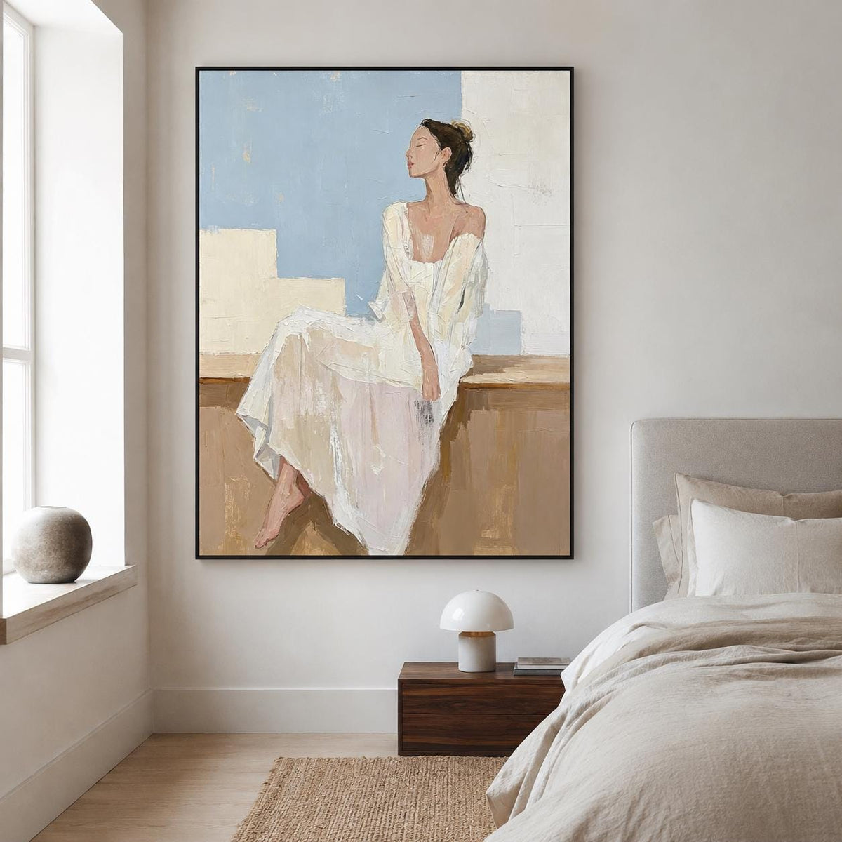 White Dress Woman Wall Art Soft Blue Figure Canvas Painting for Modern Living Room