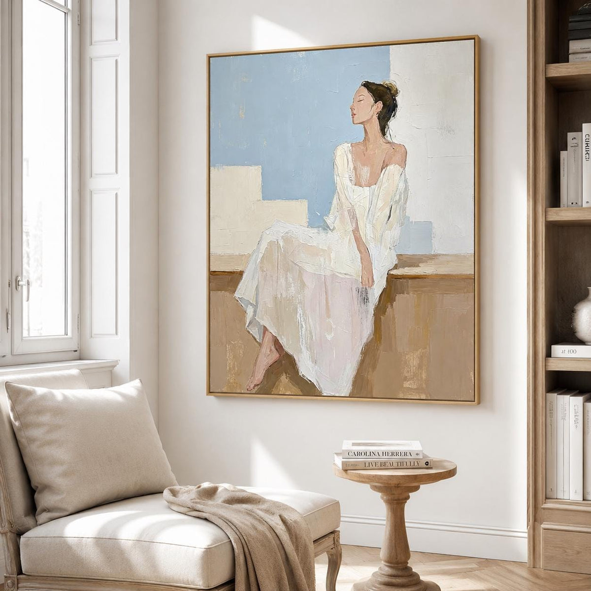 White Dress Woman Wall Art Soft Blue Figure Canvas Painting for Modern Living Room