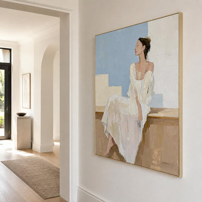 White Dress Woman Wall Art Soft Blue Figure Canvas Painting for Modern Living Room