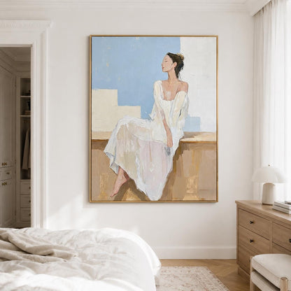White Dress Woman Wall Art Soft Blue Figure Canvas Painting for Modern Living Room