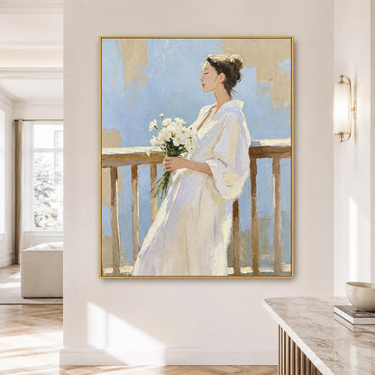 Woman With Flowers Wall Art Soft Blue White Dress Canvas Painting for Entryway Decor