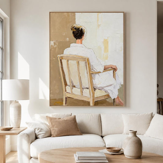 Woman Back Figure Wall Art Neutral Beige White Robe Canvas Painting for Bedroom Decor