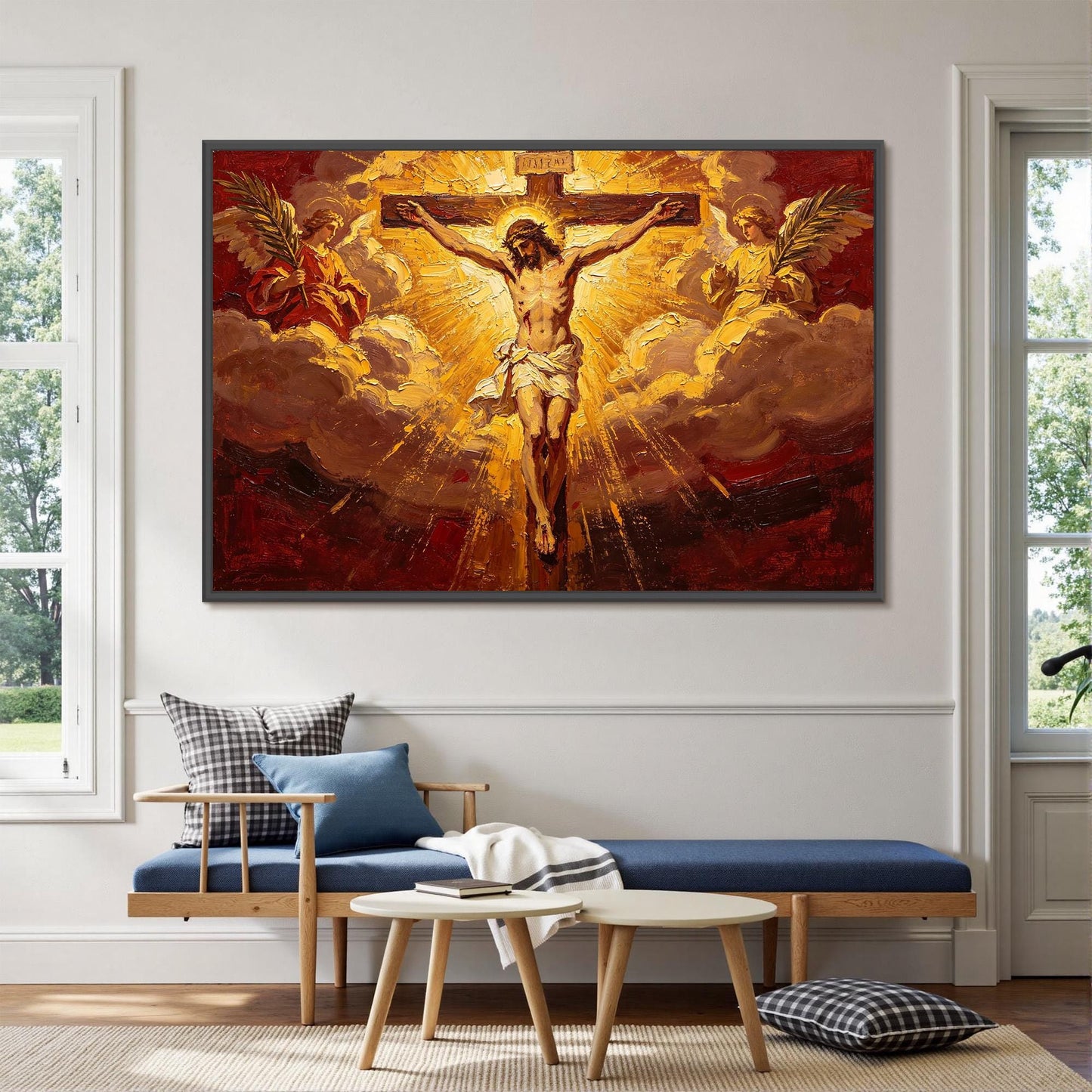 Jesus Cross Angels Canvas - Sacred Religious Art - Handmade Oil Acrylic - Church Chapel Devotional Gift – Gold and Red Abstra