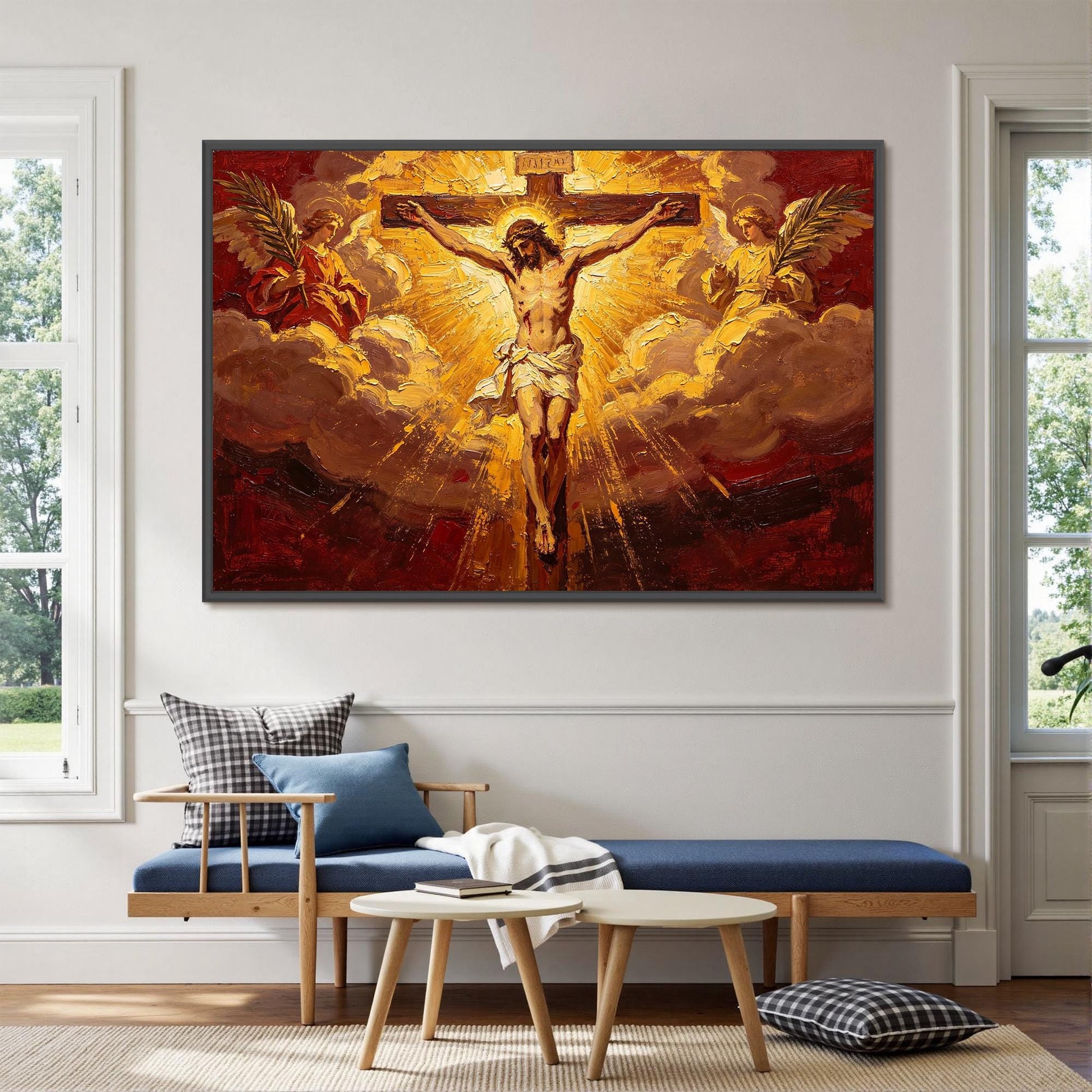 Jesus Cross Angels Canvas - Sacred Religious Art - Handmade Oil Acrylic - Church Chapel Devotional Gift – Gold and Red Abstra