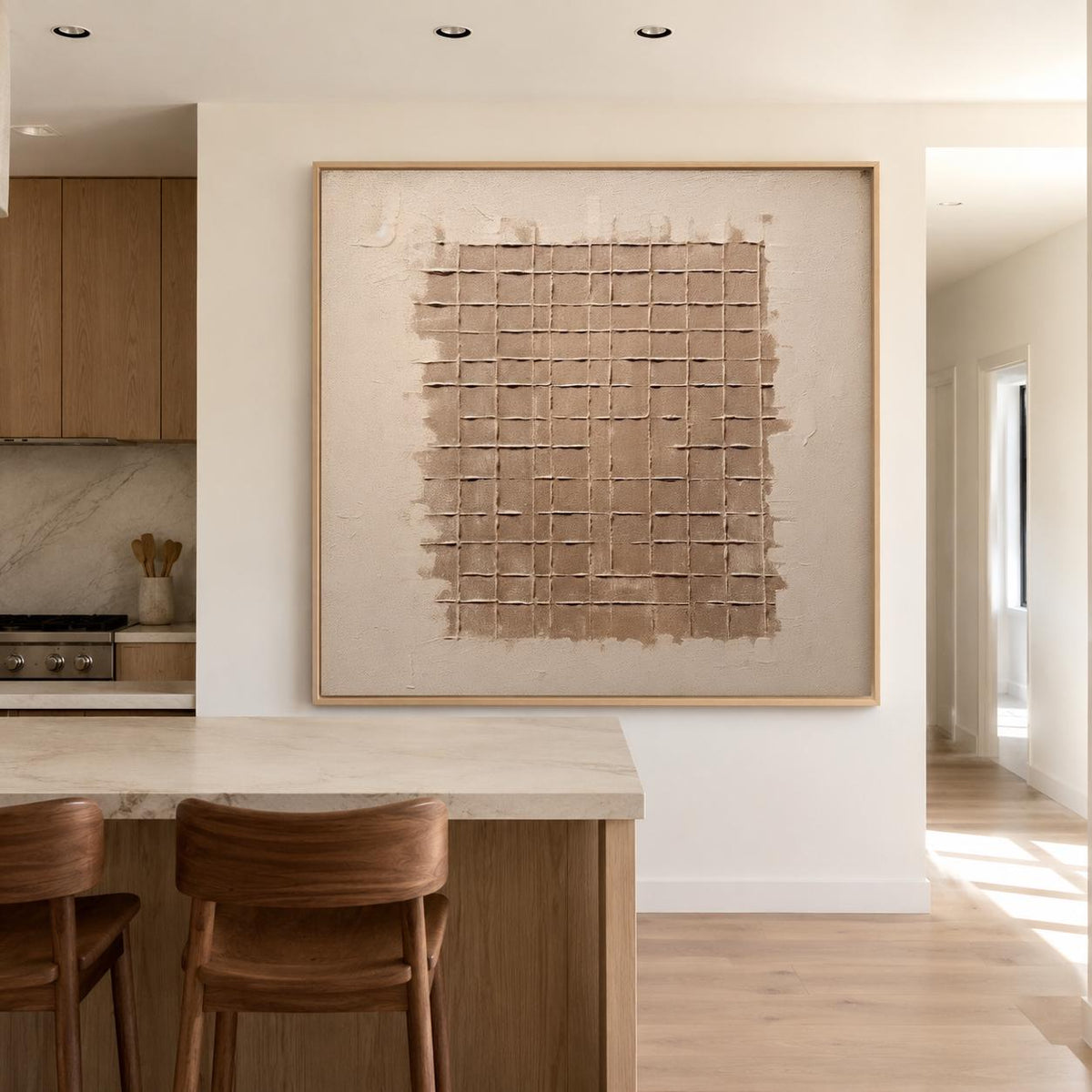 Beige Brown Wabi Sabi Wall Art Grid Texture Canvas Painting for Modern Entryway Decor