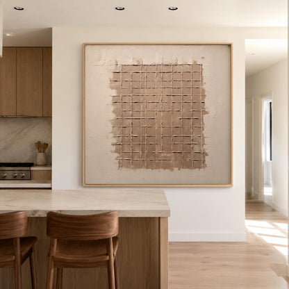Beige Brown Wabi Sabi Wall Art Grid Texture Canvas Painting for Modern Entryway Decor