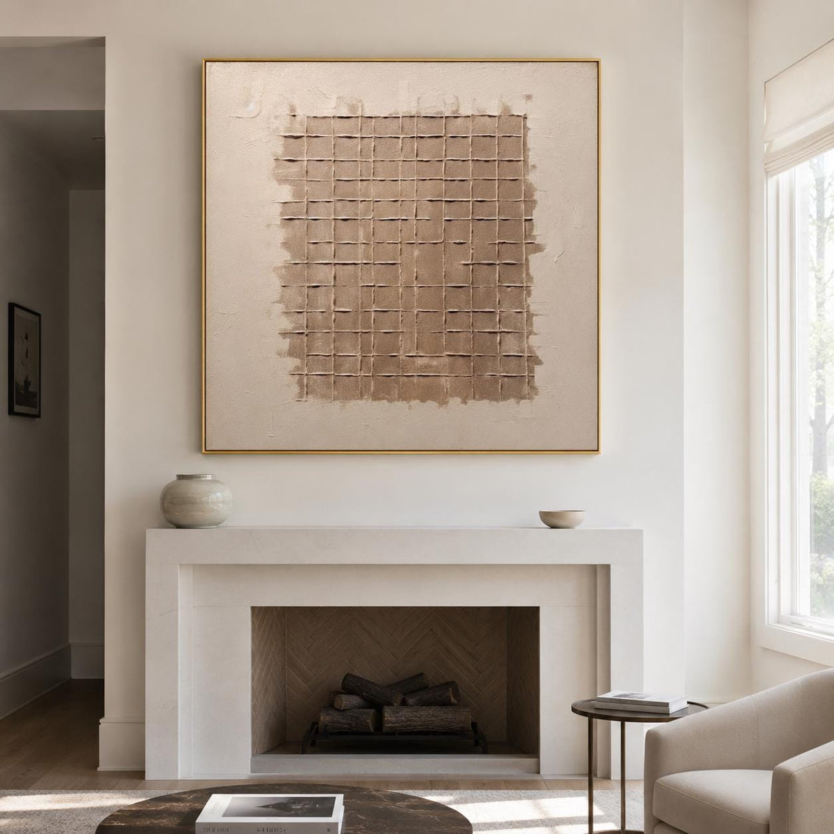 Beige Brown Wabi Sabi Wall Art Grid Texture Canvas Painting for Modern Entryway Decor