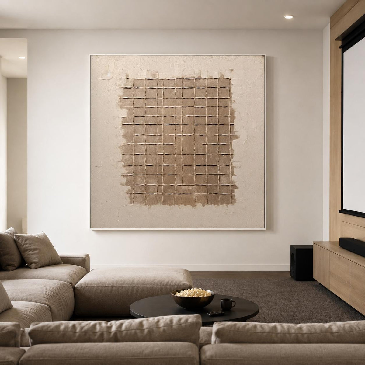 Beige Brown Wabi Sabi Wall Art Grid Texture Canvas Painting for Modern Entryway Decor