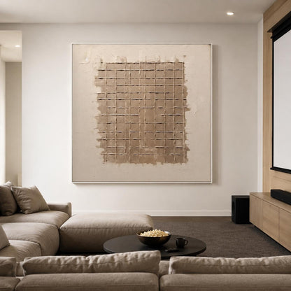 Beige Brown Wabi Sabi Wall Art Grid Texture Canvas Painting for Modern Entryway Decor