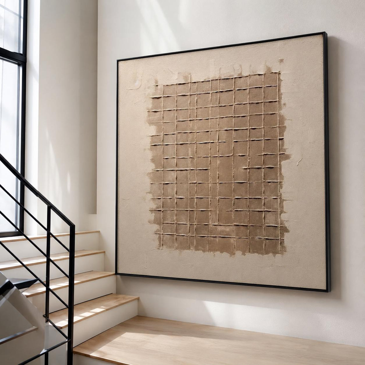 Beige Brown Wabi Sabi Wall Art Grid Texture Canvas Painting for Modern Entryway Decor