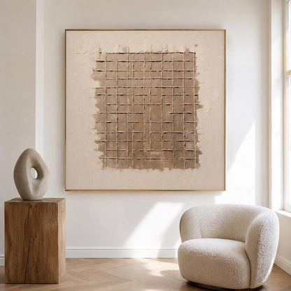 Beige Brown Wabi Sabi Wall Art Grid Texture Canvas Painting for Modern Entryway Decor