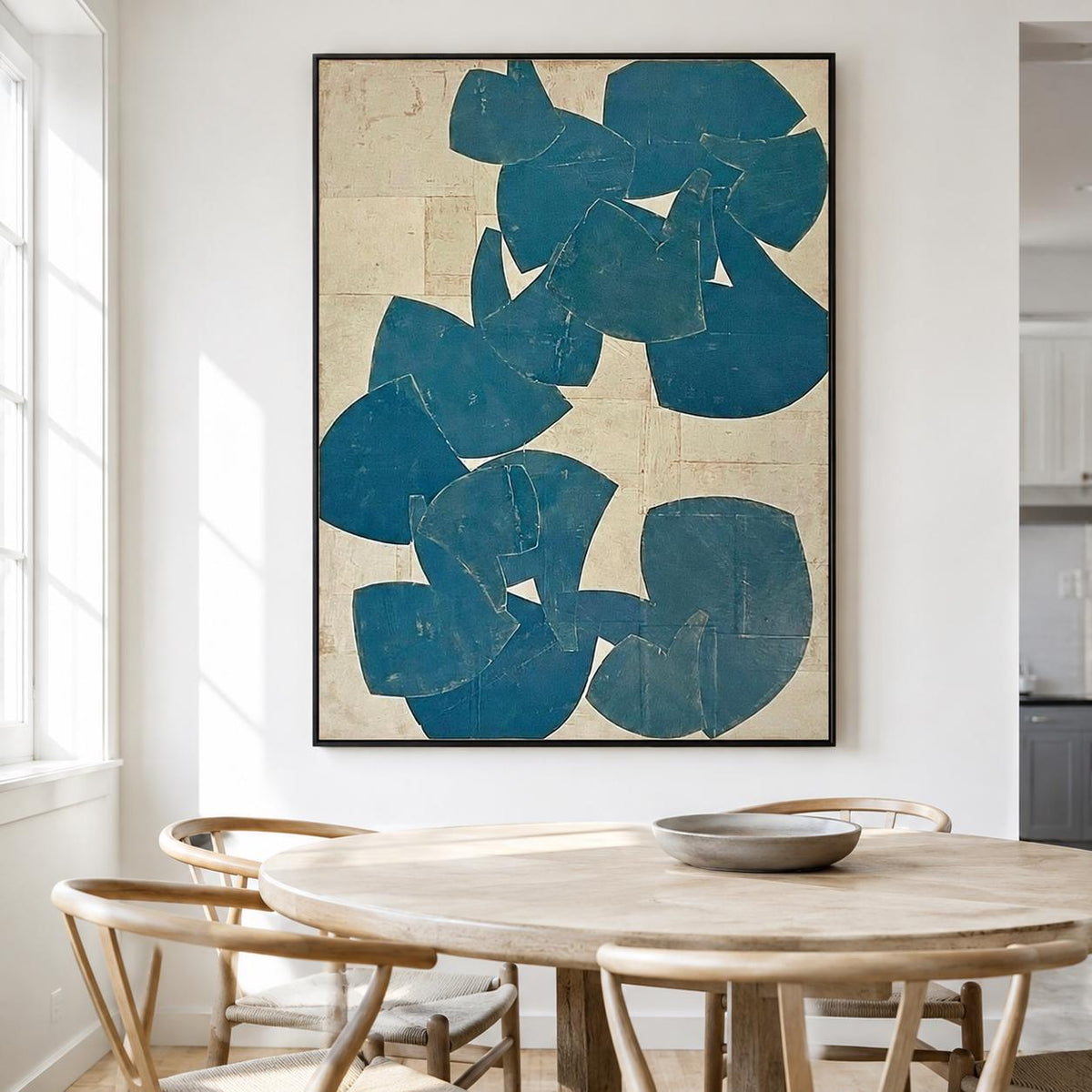 Blue Beige Organic Shape Wall Art Vertical Abstract Canvas Painting for Modern Bedroom Decor