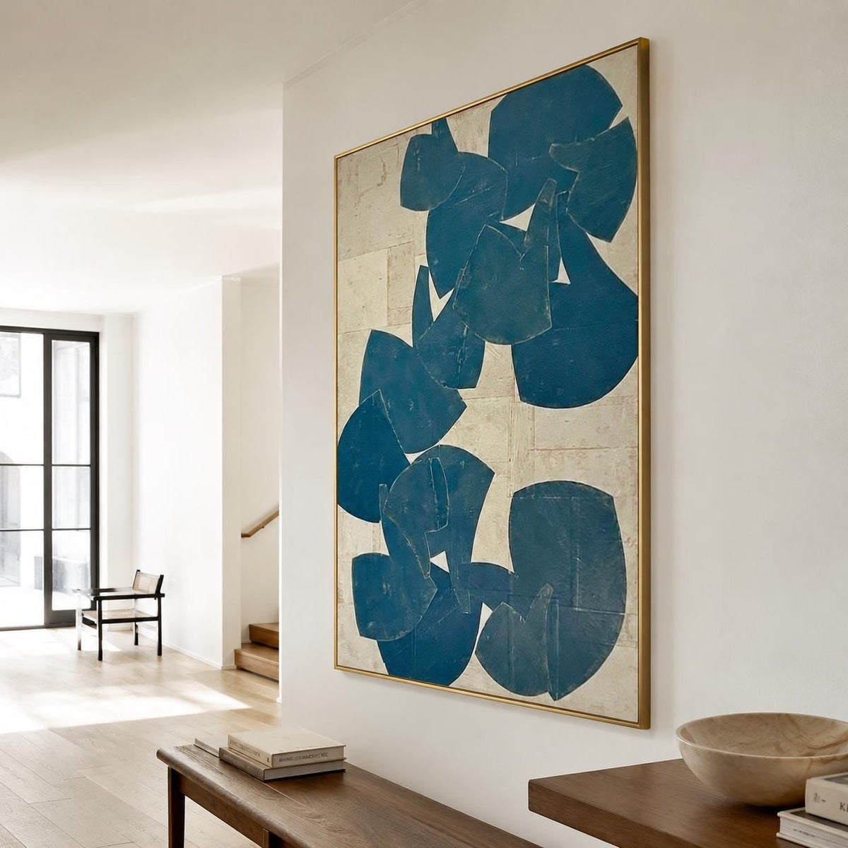 Blue Beige Organic Shape Wall Art Vertical Abstract Canvas Painting for Modern Bedroom Decor