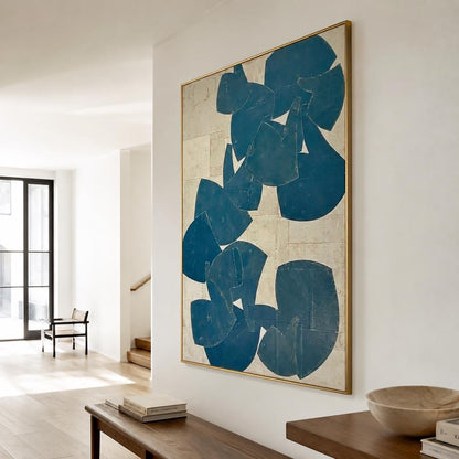 Blue Beige Organic Shape Wall Art Vertical Abstract Canvas Painting for Modern Bedroom Decor