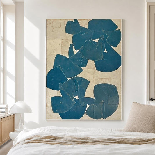 Blue Beige Organic Shape Wall Art Vertical Abstract Canvas Painting for Modern Bedroom Decor