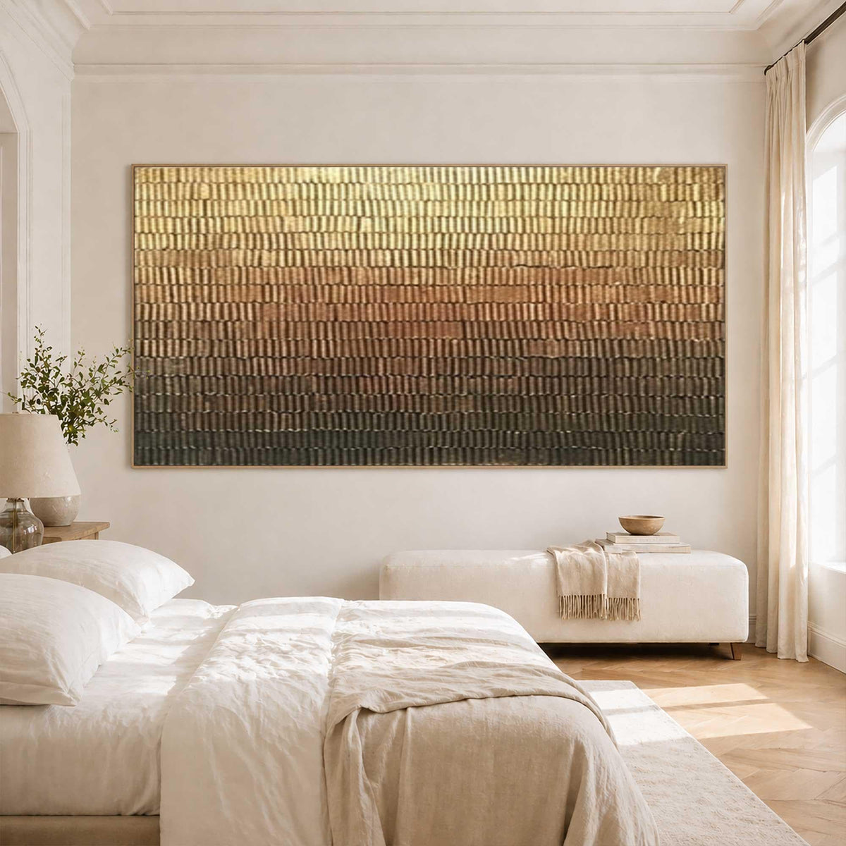 May include: A large rectangular wall art piece featuring a horizontal gradient of textured vertical brushstrokes. The colors transition from a bright metallic gold at the top, through warm copper and bronze tones, to a deep dark brown at the bottom.