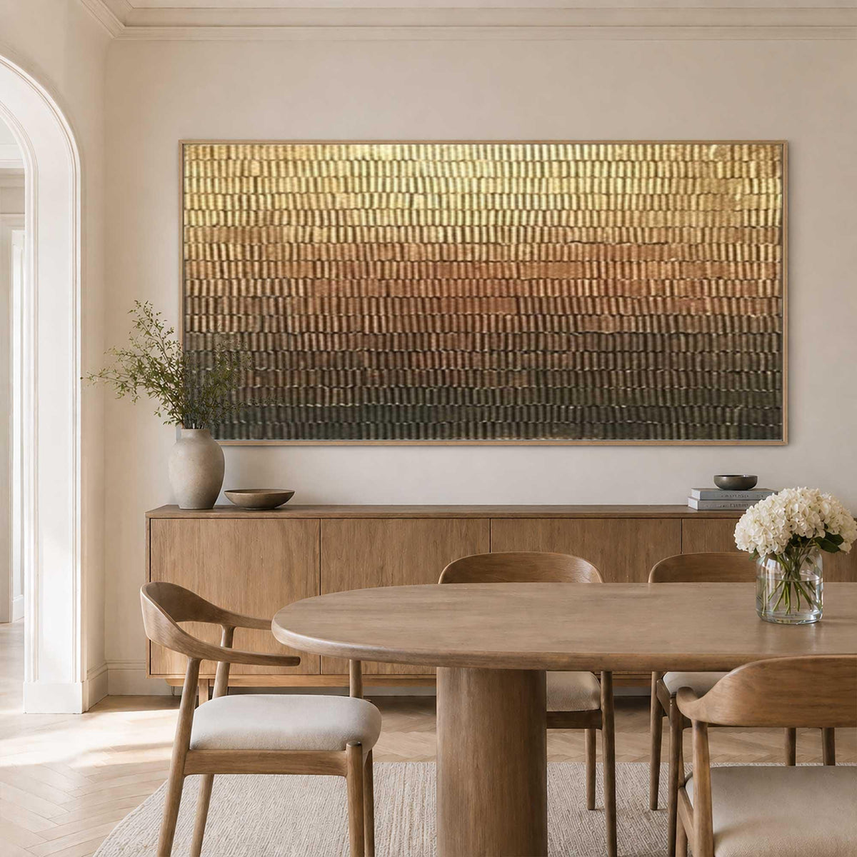 May include: A large rectangular wall art piece featuring a horizontal gradient of textured vertical brushstrokes, transitioning from metallic gold at the top through copper and bronze tones to a deep dark brown at the bottom, framed in light wood.
