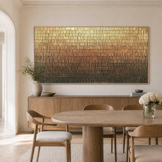 May include: A large rectangular wall art piece featuring a horizontal gradient of textured vertical brushstrokes, transitioning from metallic gold at the top through copper and bronze tones to a deep dark brown at the bottom, framed in light wood.