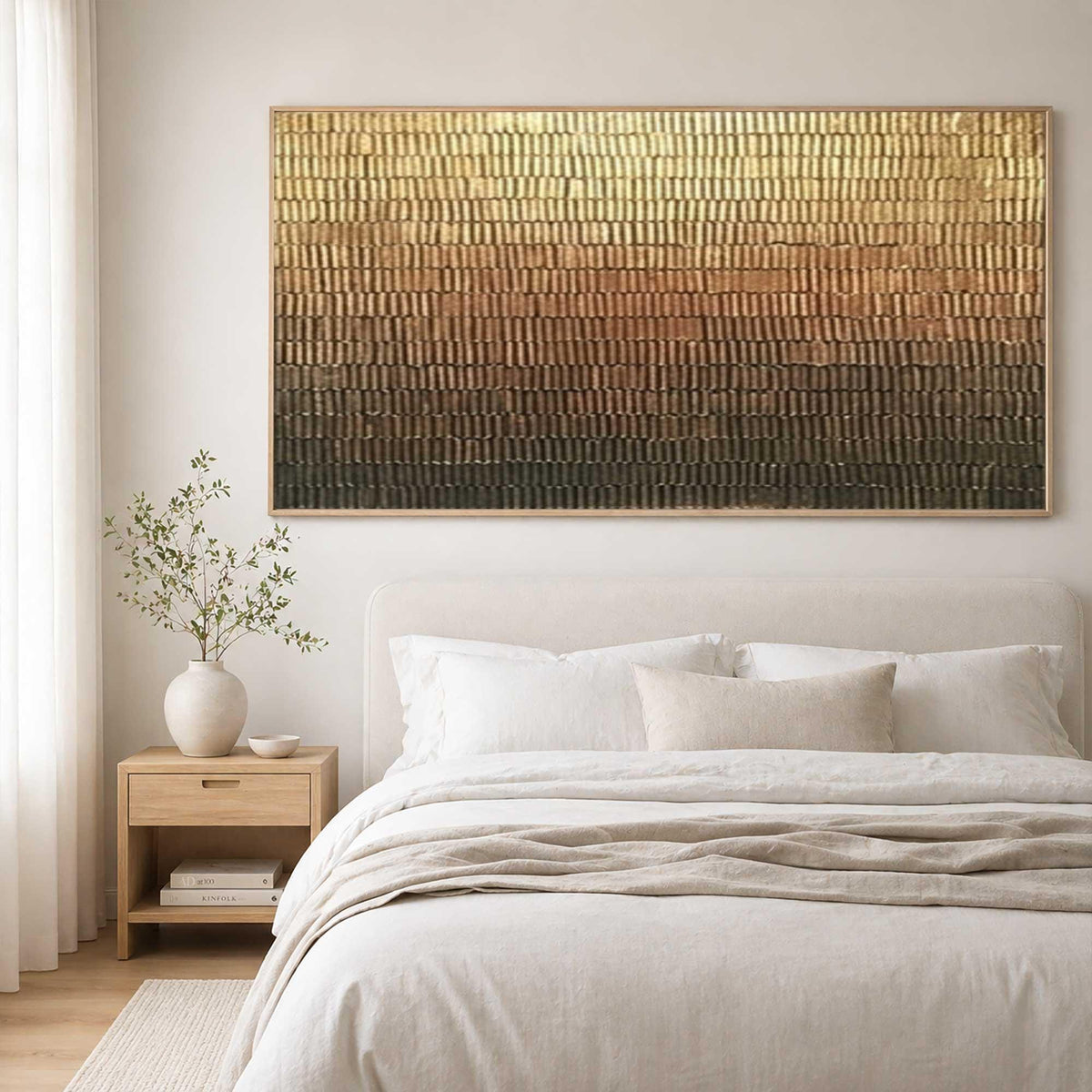 May include: A large rectangular wall art piece featuring a textured, horizontal gradient pattern that transitions from a bright metallic gold at the top, through warm copper and bronze tones, down to a deep, dark charcoal brown at the bottom edge.