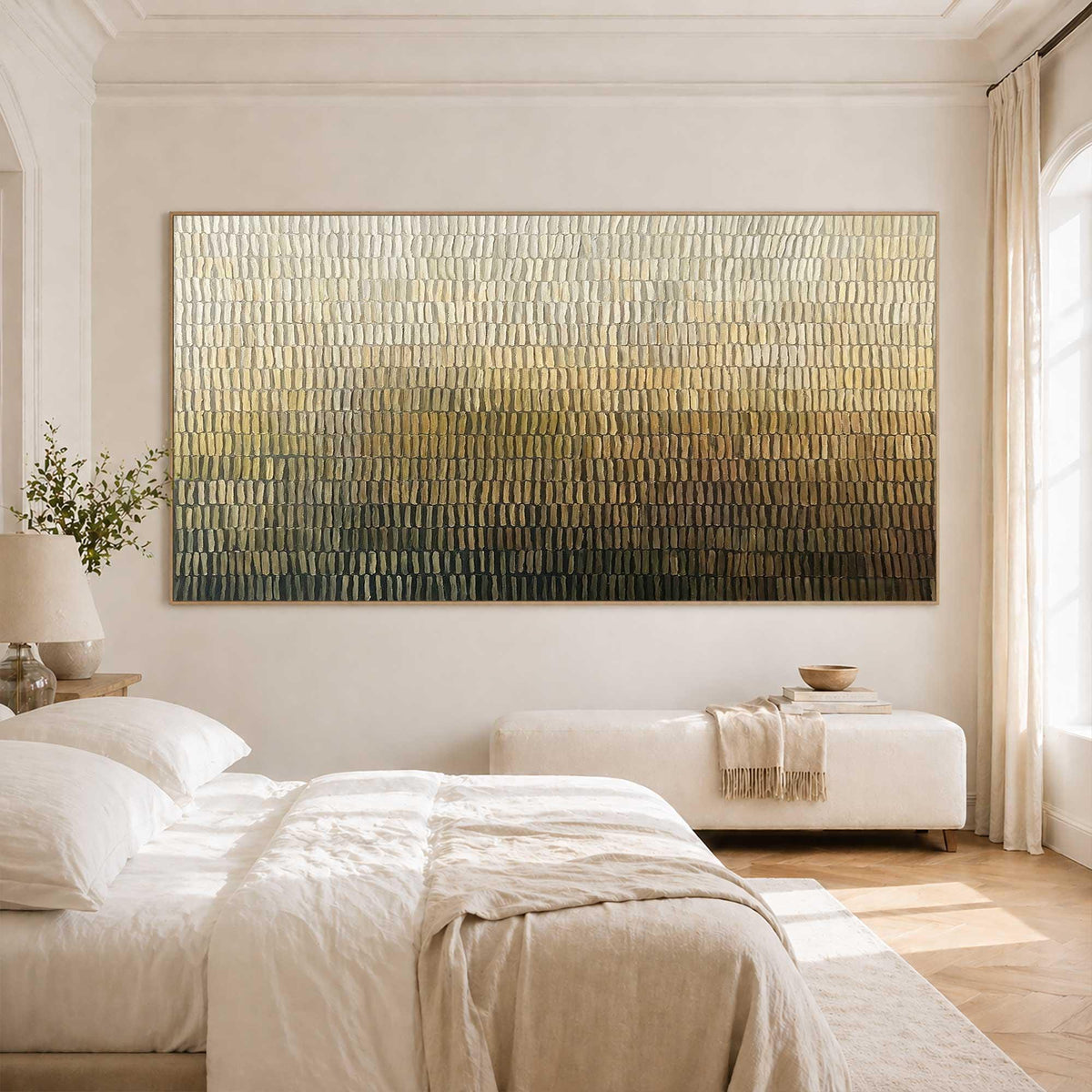 May include: A large rectangular wall art piece featuring a textured gradient pattern of vertical brushstrokes. The colors transition from a light cream and beige at the top, through shades of gold and bronze, to a deep dark brown at the bottom edge.