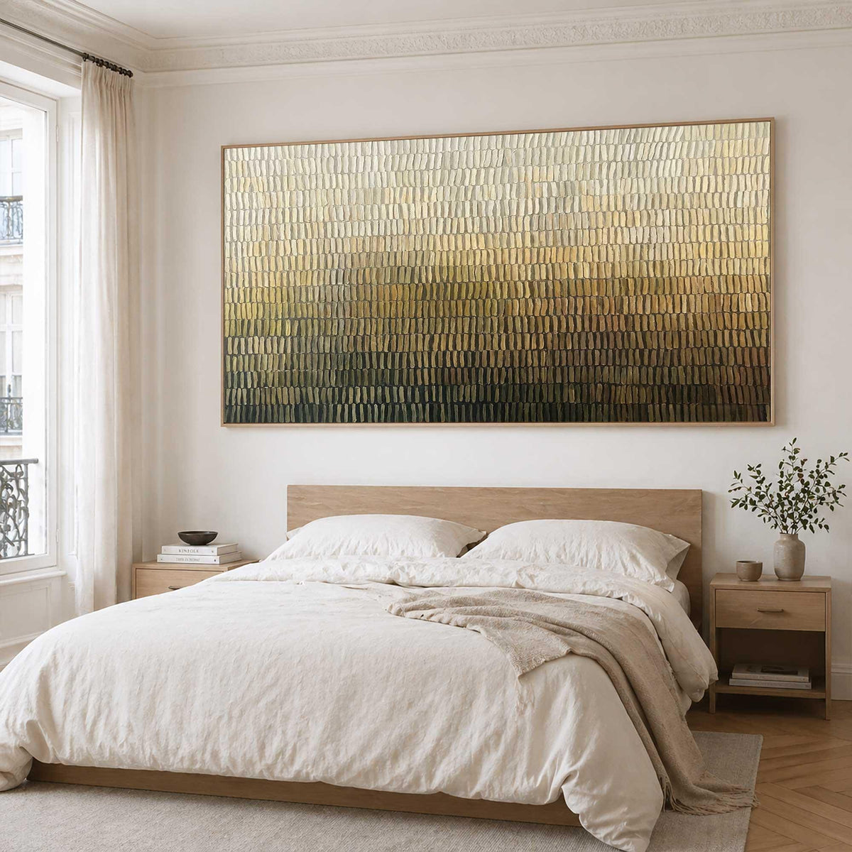 May include: A large rectangular wall art piece featuring a textured gradient of vertical brushstrokes that transition from a light cream at the top to a deep dark brown at the bottom, framed in a thin light-colored wooden border.