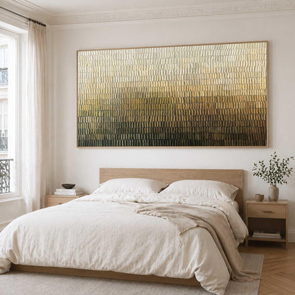 May include: A large rectangular wall art piece featuring a textured gradient of vertical brushstrokes that transition from a light cream at the top to a deep dark brown at the bottom, framed in a thin light-colored wooden border.