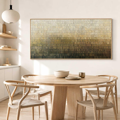 May include: A large rectangular wall art piece featuring a textured, impasto-style gradient that transitions from a light cream at the top to a deep, dark brown at the bottom, framed in a thin, light-colored wooden border.