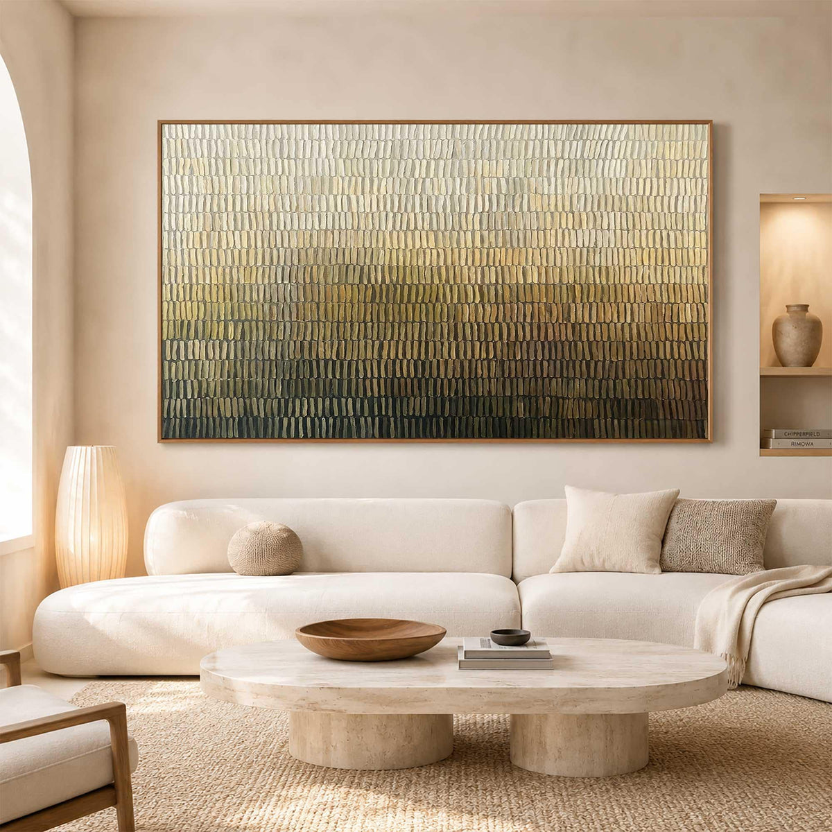 May include: A large rectangular wall art piece featuring a textured gradient pattern that transitions from a light cream and pale gold at the top to a deep dark brown and charcoal black at the bottom, composed of dense vertical brushstrokes.