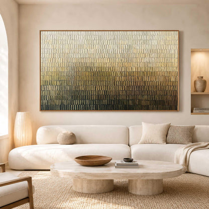May include: A large rectangular wall art piece featuring a textured gradient pattern that transitions from a light cream and pale gold at the top to a deep dark brown and charcoal black at the bottom, composed of dense vertical brushstrokes.