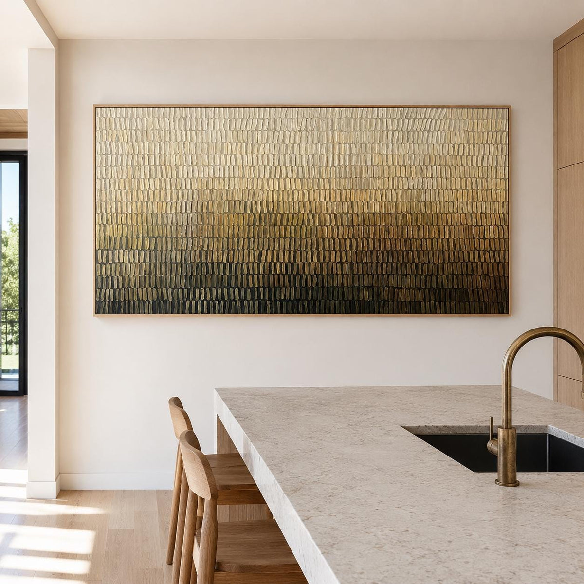 May include: A large rectangular wall art piece featuring a textured, impasto-style gradient that transitions from a light cream and gold at the top to a deep, dark brown and black at the bottom, framed in a thin, light-colored wooden border.