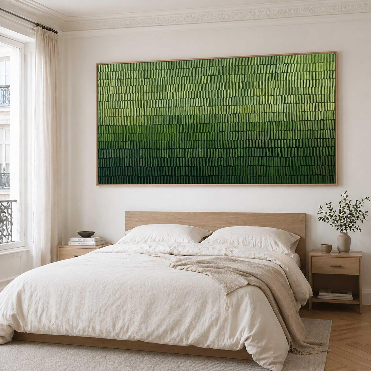 May include: A large rectangular wall art piece featuring a textured, vertical brushstroke pattern in a gradient of green shades, transitioning from light lime green at the top to a deep, dark forest green at the bottom, framed in a light wood frame.