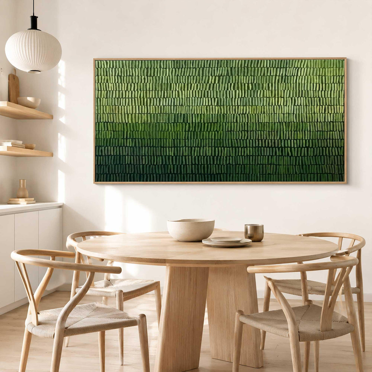 May include: A large rectangular wall art piece featuring a textured, layered design in a gradient of green shades, ranging from light lime green at the top to a deep, dark forest green at the bottom, enclosed in a thin, light-colored wooden frame.