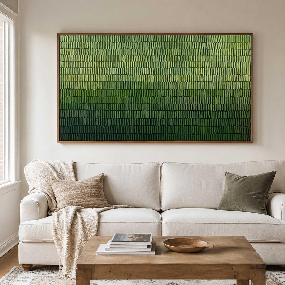May include: A large rectangular wall art piece featuring a textured gradient of vertical green brushstrokes. The colors transition from a light lime green at the top to a deep forest green at the bottom, all enclosed within a thin wooden frame.
