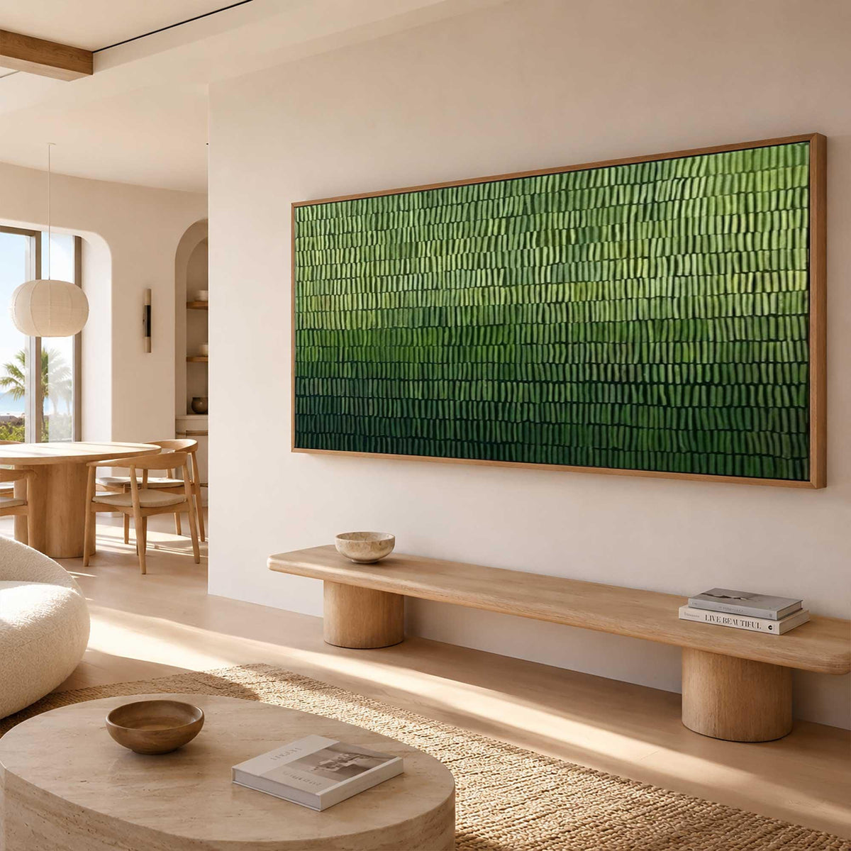 May include: A large rectangular wall art piece featuring a textured gradient of green shades, ranging from light lime at the top to deep forest green at the bottom, composed of vertical brushstrokes within a simple light-toned wooden frame.