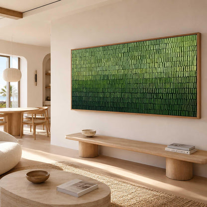 May include: A large rectangular wall art piece featuring a textured gradient of green shades, ranging from light lime at the top to deep forest green at the bottom, composed of vertical brushstrokes within a simple light-toned wooden frame.