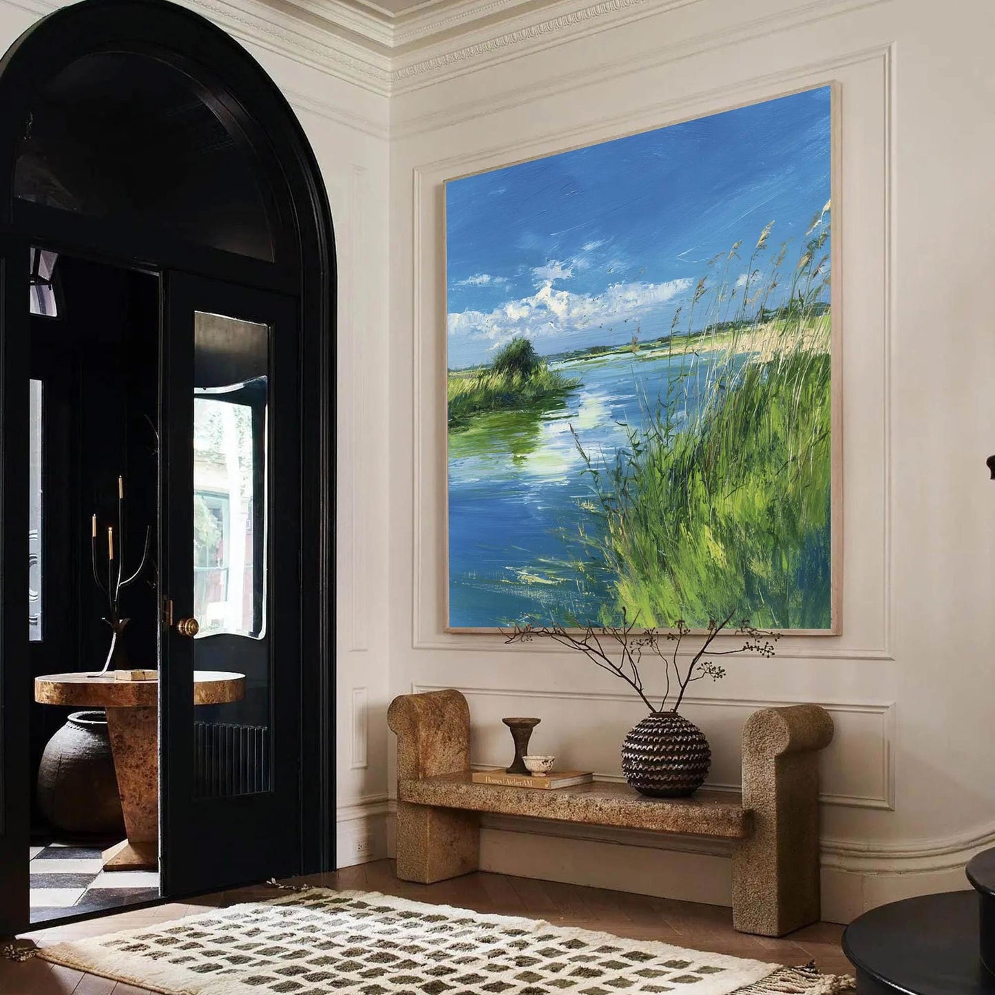 Blue and Emerald Impressionist River Landscape Wall Art