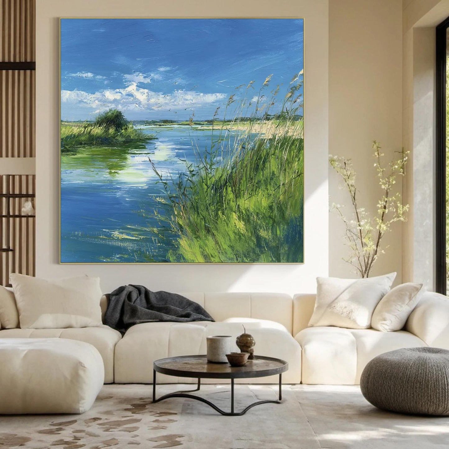 Blue and Emerald Impressionist River Landscape Wall Art