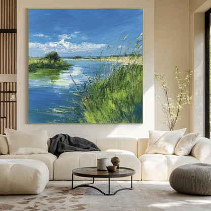 Blue and Emerald Impressionist River Landscape Wall Art