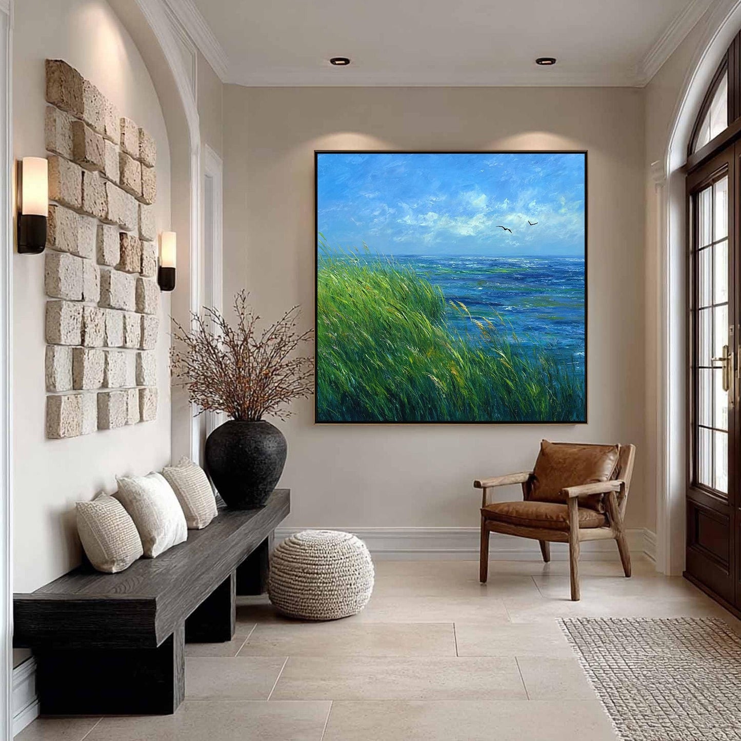 Blue and Green Impasto Seagull Animal Wall Art Oil Painting