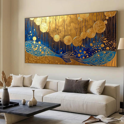 Handmade Acrylic - Asian Wall Decor - Feng Shui Home Art - Prosperity Housewarming Gift – Blue and Gold Koi Fish Animal Wall 