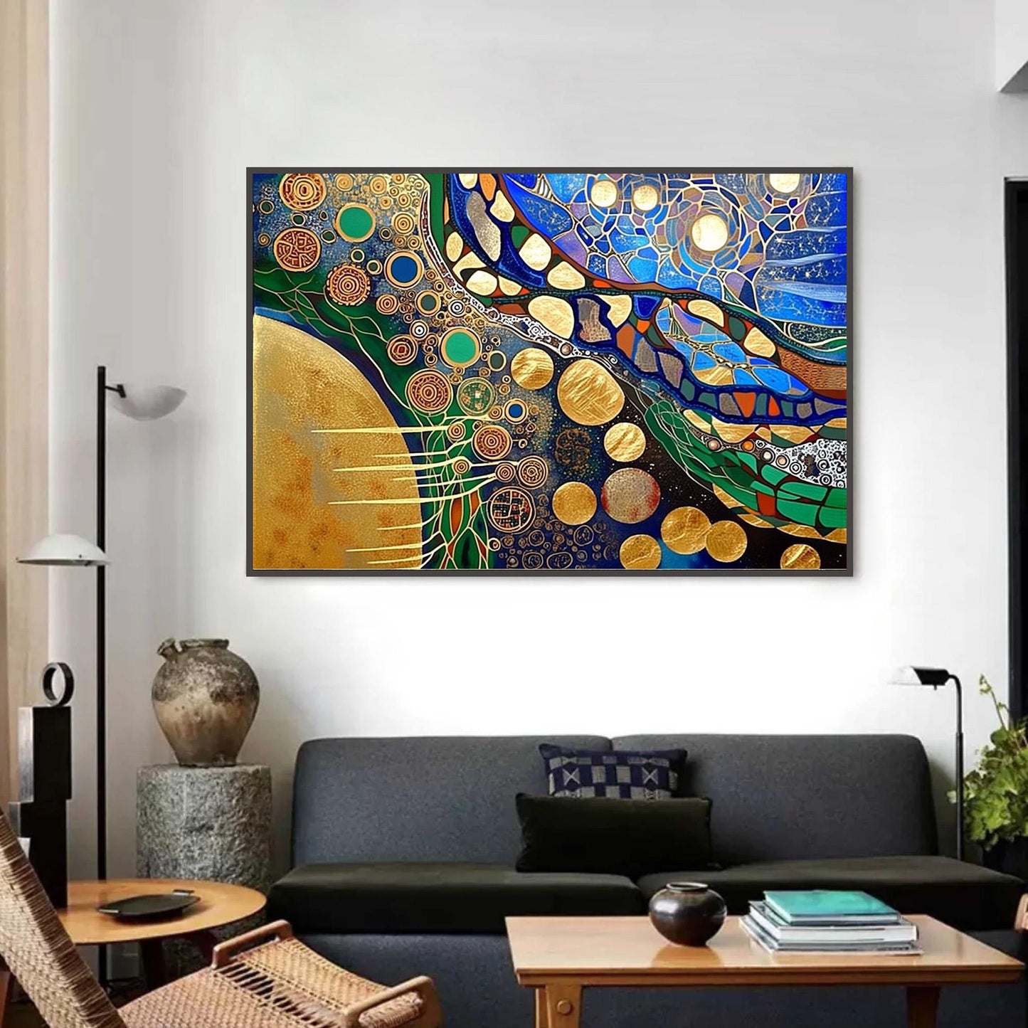 Blue and Green Abstract Wall Art – Gold Planet Circles Canvas - Handmade Acrylic - Art Nouveau Wall Decor - Luxury Home Housewarming Gift