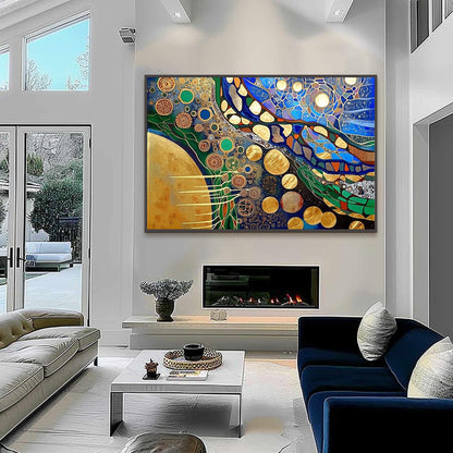 Blue and Green Abstract Wall Art – Gold Planet Circles Canvas - Handmade Acrylic - Art Nouveau Wall Decor - Luxury Home Housewarming Gift