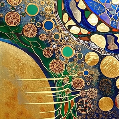 Gold Planet Circles Canvas - Handmade Acrylic - Art Nouveau Wall Decor - Luxury Home Housewarming Gift – Blue and Green Abstr