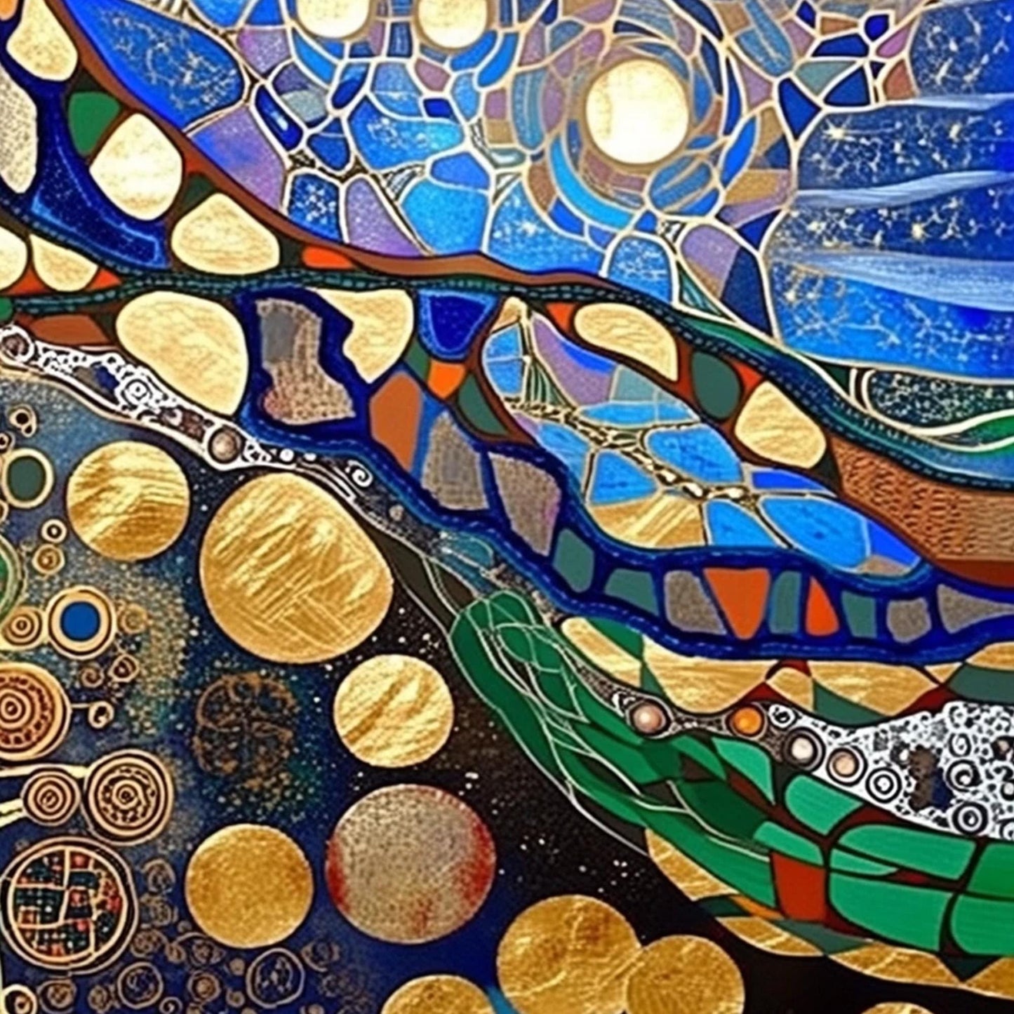 Blue and Green Abstract Wall Art – Gold Planet Circles Canvas - Handmade Acrylic - Art Nouveau Wall Decor - Luxury Home Housewarming Gift
