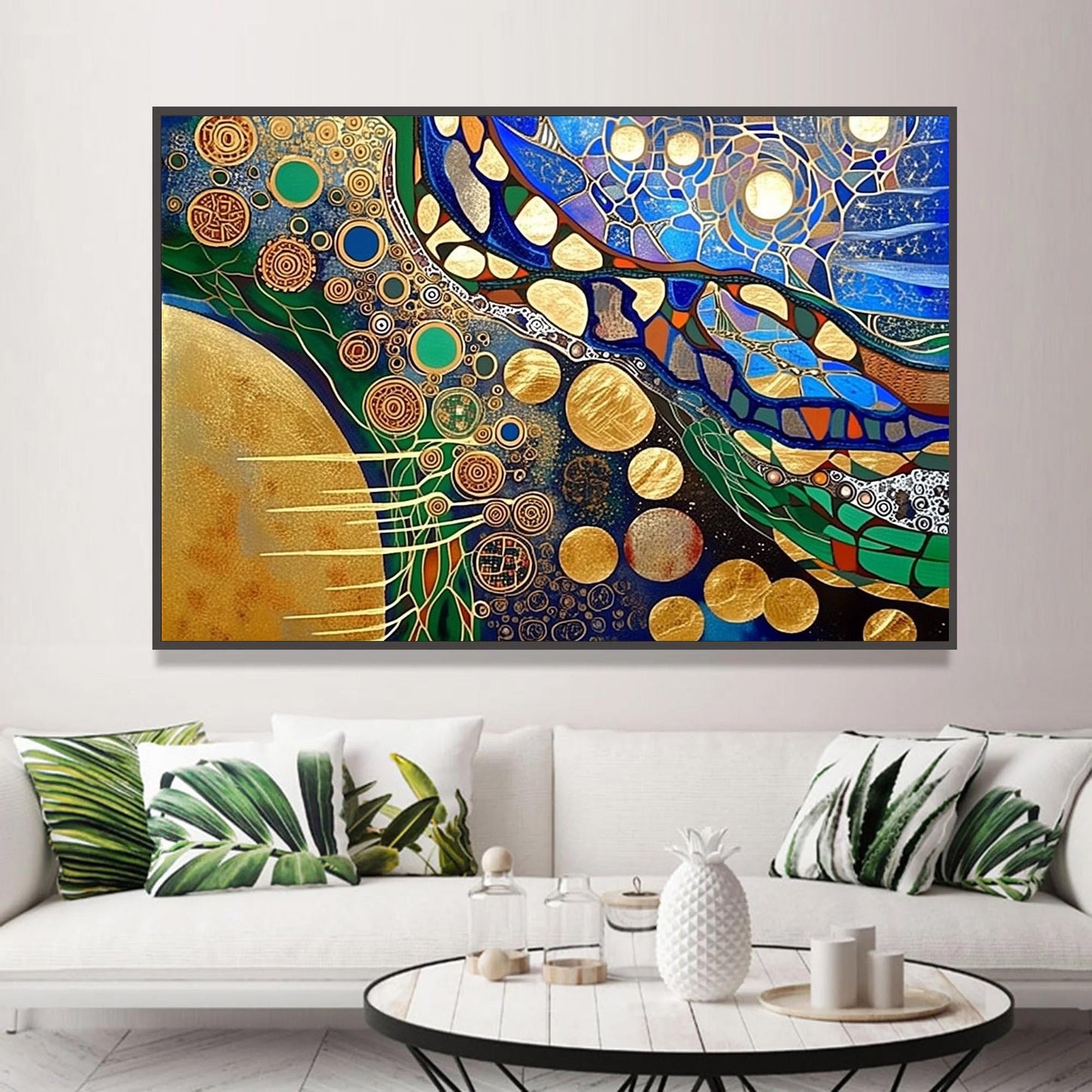 Gold Planet Circles Canvas - Handmade Acrylic - Art Nouveau Wall Decor - Luxury Home Housewarming Gift – Blue and Green Abstr