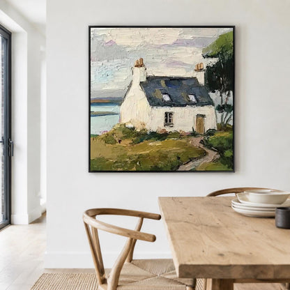 Coastal Cottage Landscape Wall Art Green White House Canvas Painting for Living Room Decor