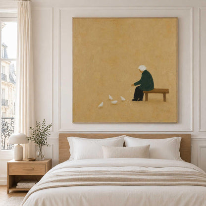 Seated Figure Feeding Birds Wall Art Beige Minimalist Folk Canvas Painting for Entryway Decor